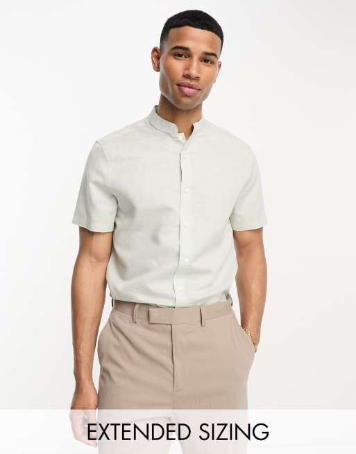 ASOS DESIGN regular smart linen shirt with mandarin collar in pink