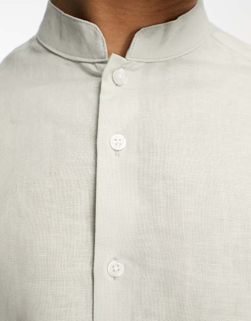 ASOS DESIGN regular smart linen shirt with mandarin collar in pink