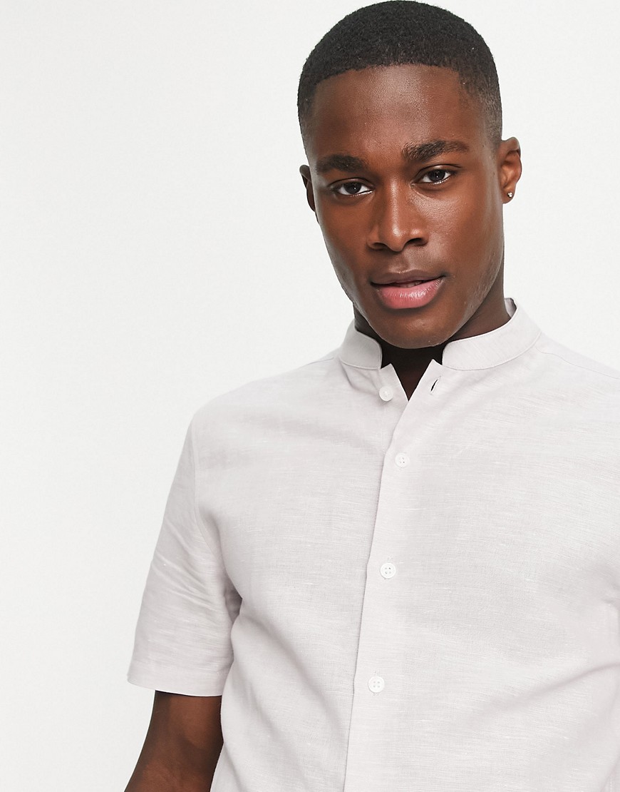 ASOS DESIGN regular smart linen shirt with mandarin collar in pale grey