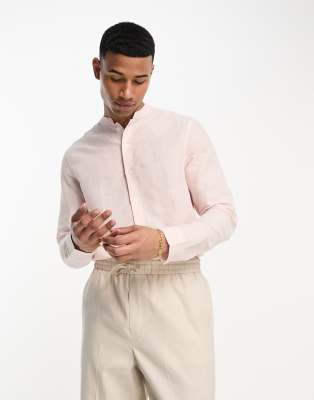 Shop Asos Design Regular Smart Linen Shirt With Mandarin Collar In Pale Pink