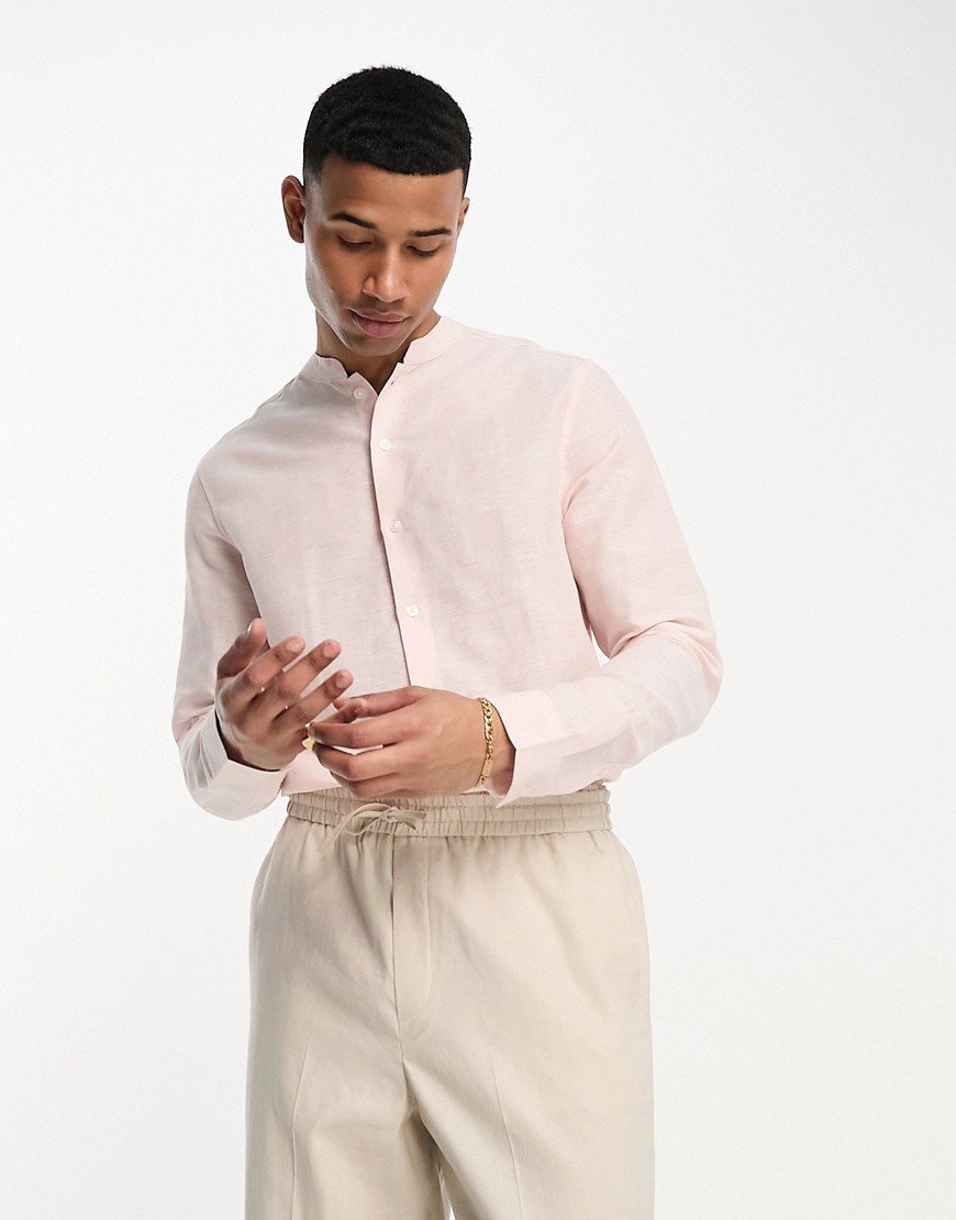 ASOS DESIGN regular smart linen shirt with mandarin collar in pale pink