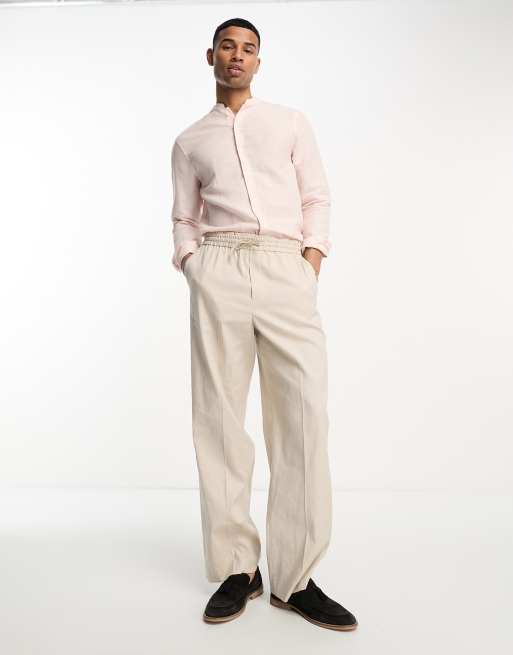 ASOS DESIGN regular smart linen shirt with mandarin collar in pink