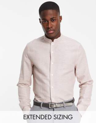 Asos Design Regular Smart Linen Shirt With Mandarin Collar In Pink