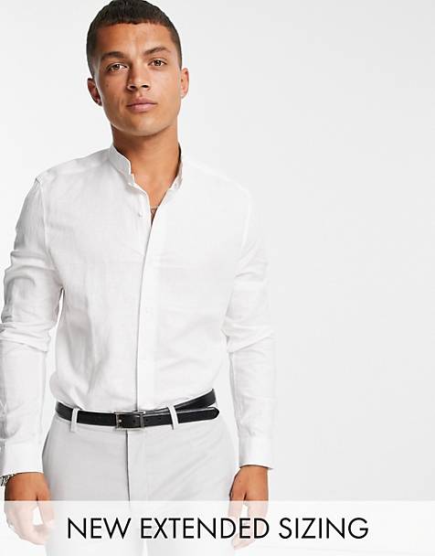 ASOS DESIGN regular smart linen shirt with mandarin collar in white