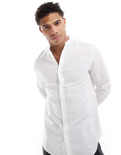 ASOS DESIGN regular smart linen shirt with mandarin collar in white - view 1