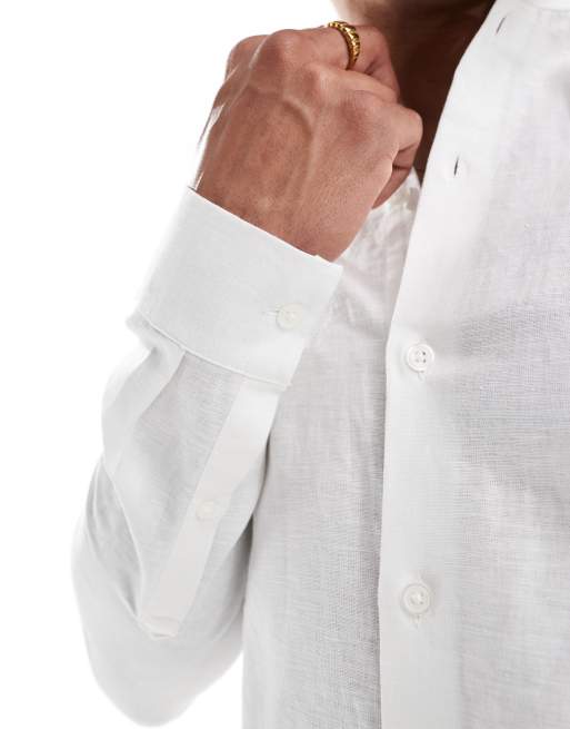 ASOS DESIGN regular smart linen shirt with mandarin collar in white