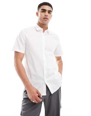 Asos Design Regular Smart Linen Shirt With Penny Collar In White In White