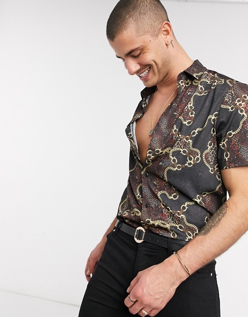 ASOS DESIGN regular standard shirt in animal print with chain detail