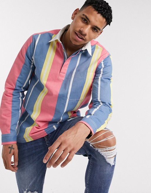 ASOS DESIGN regular stripe 90s rugby shirt in blue and yellow