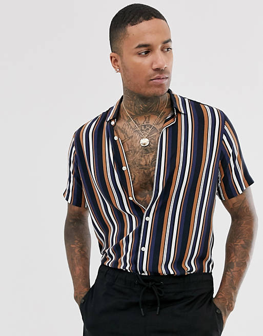ASOS DESIGN regular stripe shirt in navy and brown | ASOS
