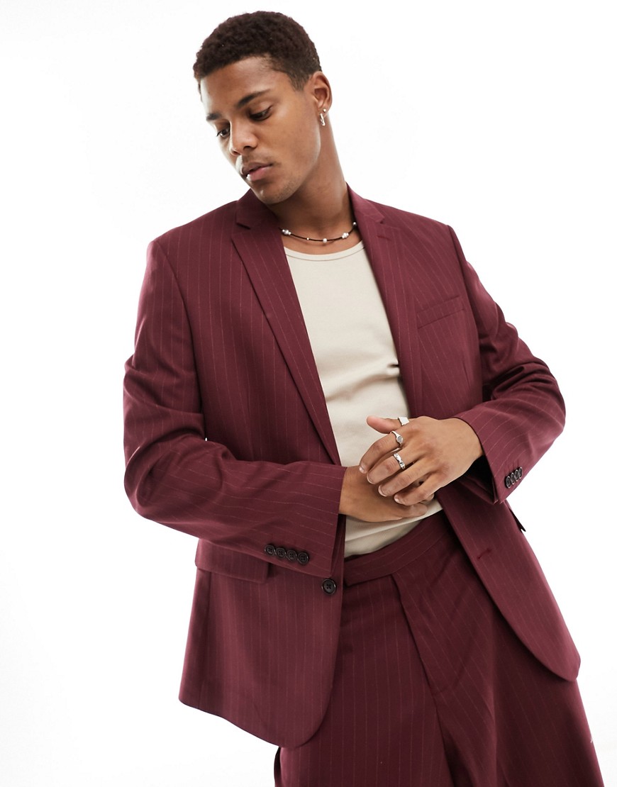 ASOS DESIGN regular suit jacket in burgundy pinstripe-Red