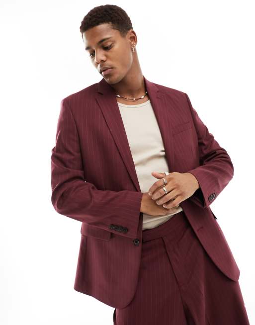 ASOS DESIGN regular suit jacket in burgundy pinstripe