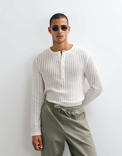 ASOS DESIGN regular T-shirt henley z długim rękawem z białej fakturowanej tkaniny - view 1