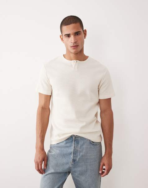 ASOS DESIGN regular t-shirt with short henley neck in cream waffle - view 1
