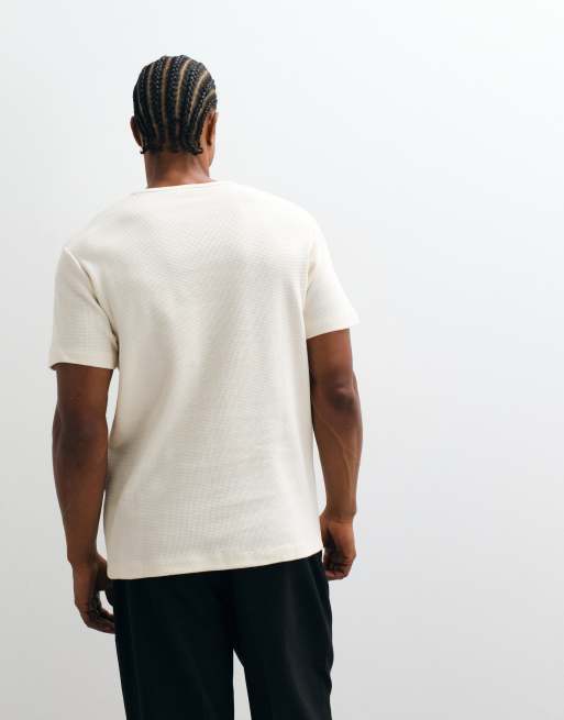ASOS DESIGN regular t-shirt with short henley neck in cream waffle, 3 of 10
