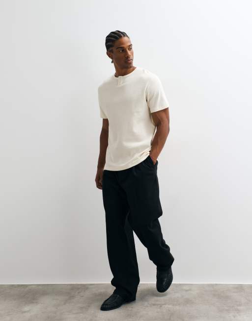 ASOS DESIGN regular t-shirt with short henley neck in cream waffle, 4 of 10