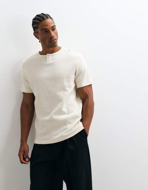 ASOS DESIGN regular t-shirt with short henley neck in cream waffle, 5 of 10