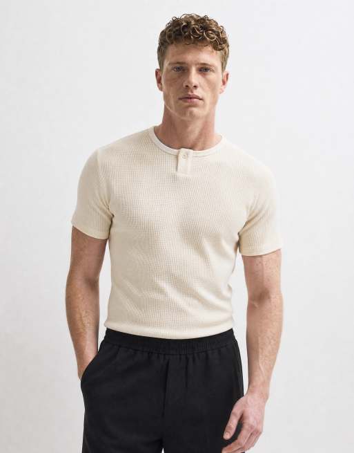 ASOS DESIGN regular t-shirt with short henley neck in cream waffle, 6 of 10