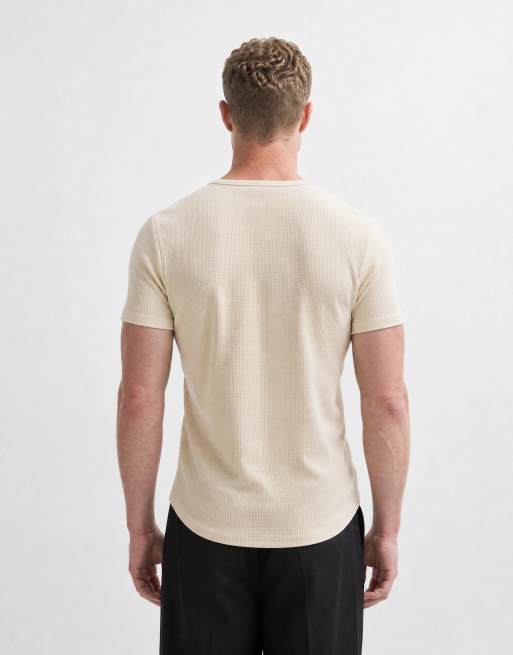 ASOS DESIGN regular t-shirt with short henley neck in cream waffle, 8 of 10