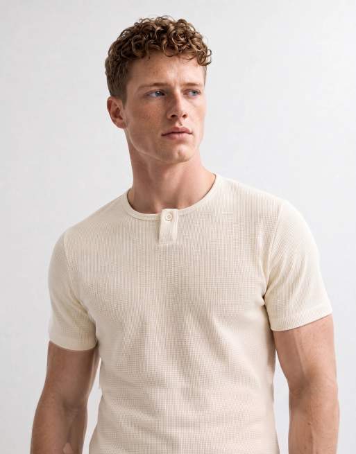 ASOS DESIGN regular t-shirt with short henley neck in cream waffle, 9 of 10