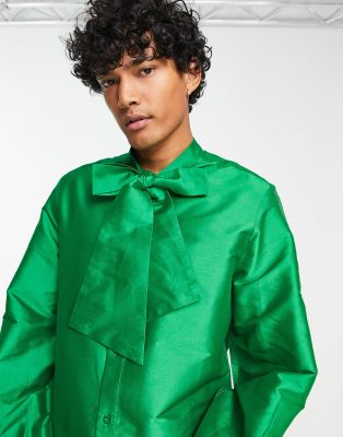 ASOS DESIGN regular tafeta shirt with tie neck in green - ASOS Price Checker