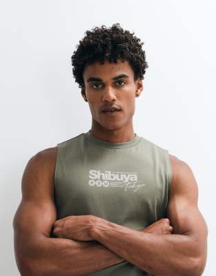 Asos Design Regular Tank With Shibuya Graphic In Green