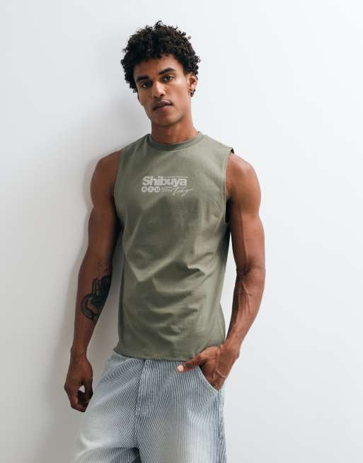 ASOS DESIGN regular tank with Shibuya graphic in olive, 5 of 5