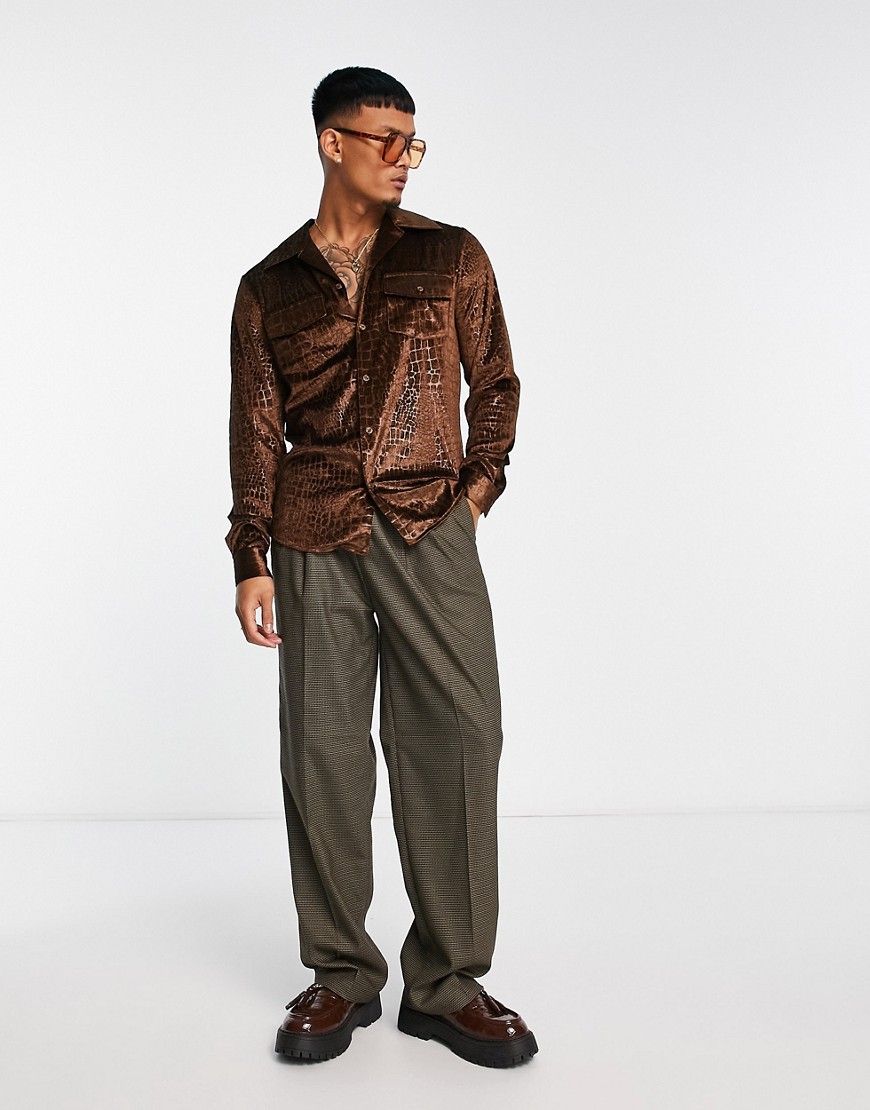 ASOS DESIGN regular velvet shirt with embossed croc print in brown