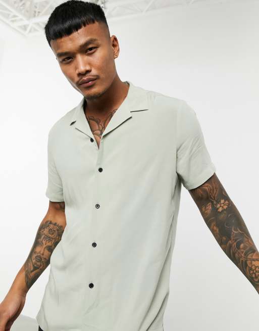ASOS DESIGN regular viscose shirt with revere collar in green, 3 of 4