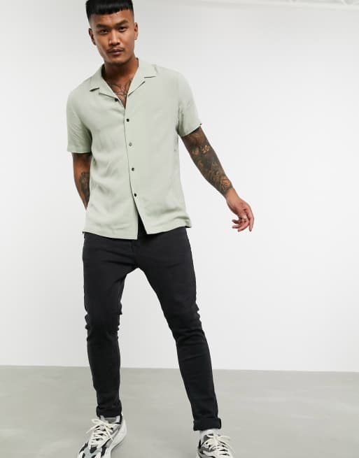 ASOS DESIGN regular viscose shirt with revere collar in green, 4 of 4