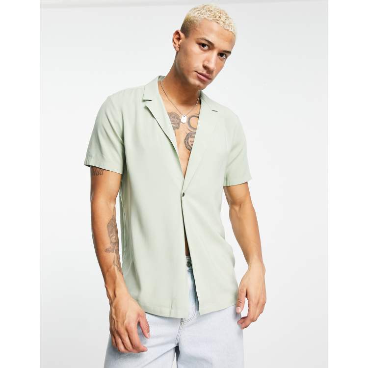 ASOS DESIGN regular viscose shirt with revere collar in sage green