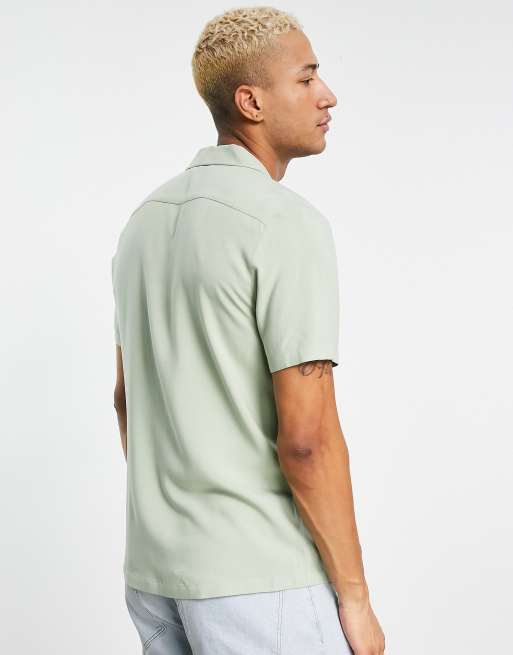 ASOS DESIGN regular viscose shirt with revere collar in sage green