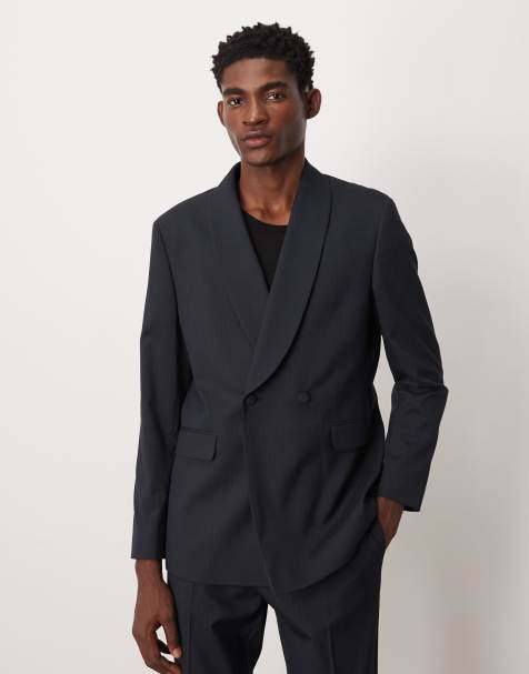 ASOS DESIGN regular wrap shawl neck pinstripe suit jacket in navy - view 1