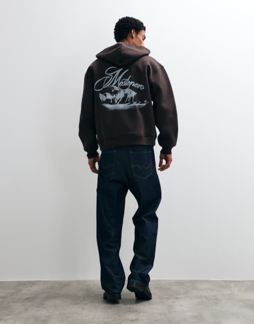 ASOS DESIGN regular zip through hoodie with horse back print in brown, 4 of 5