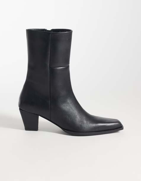 ASOS DESIGN Reid premium clean mid heel boot in black leather - view 1