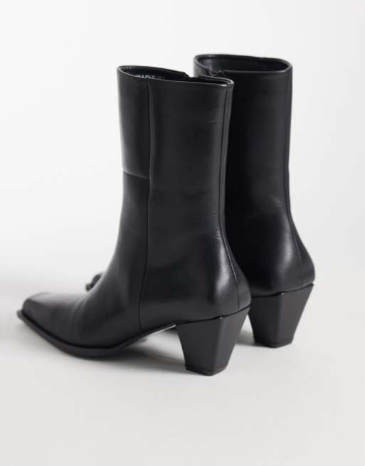 ASOS DESIGN Reid premium clean mid heel boot in black leather, 2 of 4
