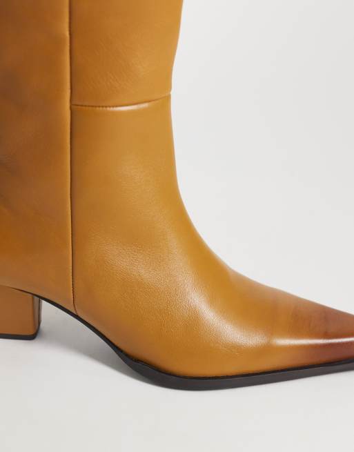 ASOS DESIGN Reid premium clean mid heel boot in tan leather, 3 of 4