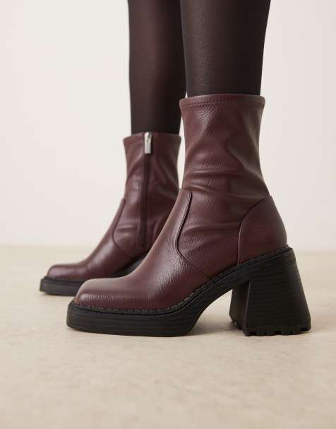 ASOS DESIGN Reign square toe mid-heel platform boots in burgundy - view 1