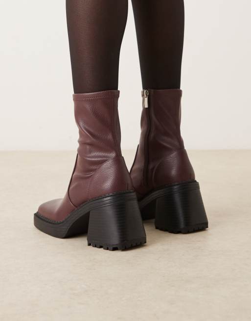 ASOS DESIGN Reign square toe mid-heel platform boots in burgundy