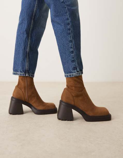 ASOS DESIGN Reign square toe mid-heel platform boots in mocha suedette - view 1