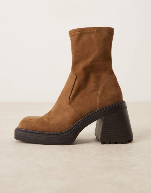 ASOS DESIGN Reign square toe mid-heel platform boots in mocha suedette
