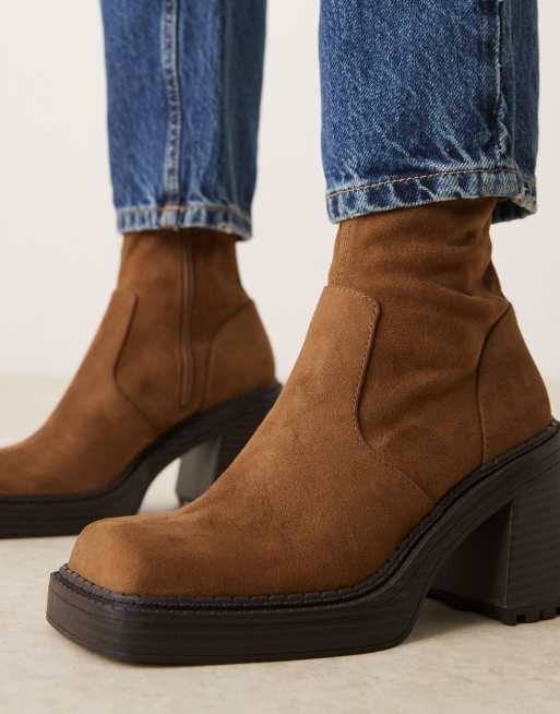 ASOS DESIGN Reign square toe mid-heel platform boots in mocha