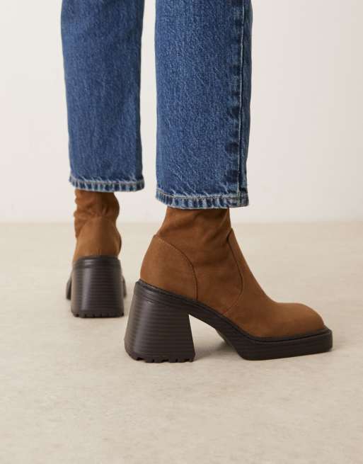 ASOS DESIGN Reign square toe mid-heel platform boots in mocha suedette