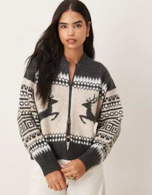 Asos Design Reindeer Fairisle Bomber Cardigan In Gray
