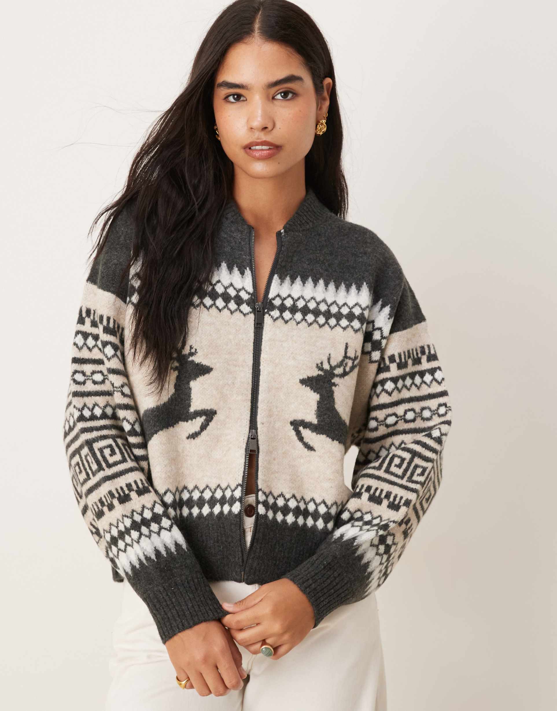 asos design reindeer fairisle bomber cardigan in gray