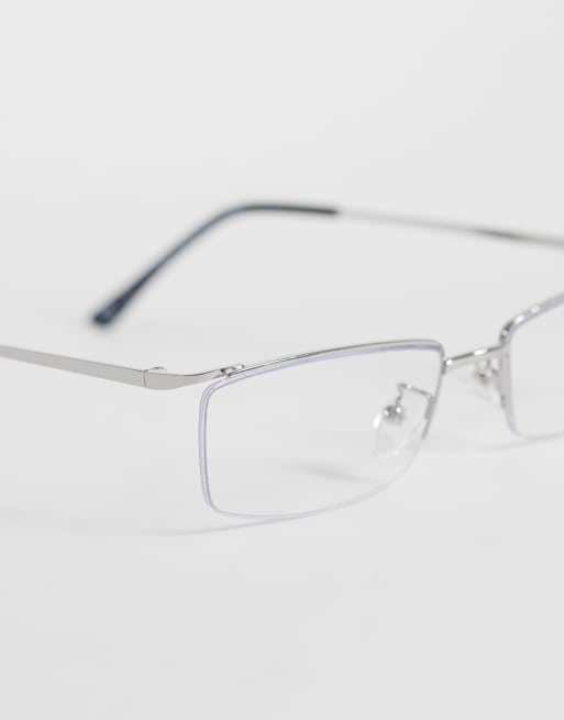 ASOS DESIGN rektangulära glasögon utan bågar i silver med klarblå glas, 3 av 3