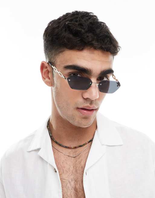 ASOS DESIGN - Rektangulære uindfattede solbriller med guldfarvede stænger og røgfarvede glas