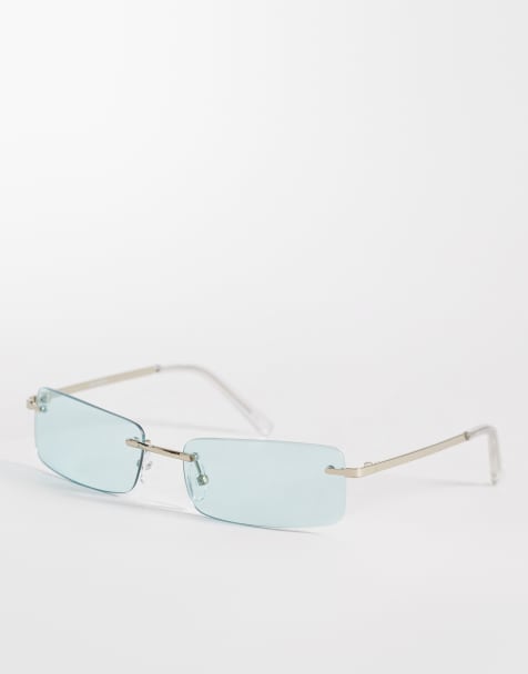 ASOS DESIGN - Rektangulære uindfattede solbriller med sølvfarvet metalstel og grønne glas - view 1