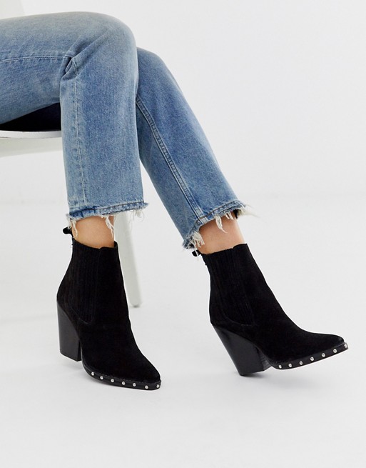 ASOS DESIGN Relative suede studded heeled western boots in black | ASOS