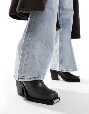 Asos Design Relax Leather Toe-clip Western Boots In Black Burnish